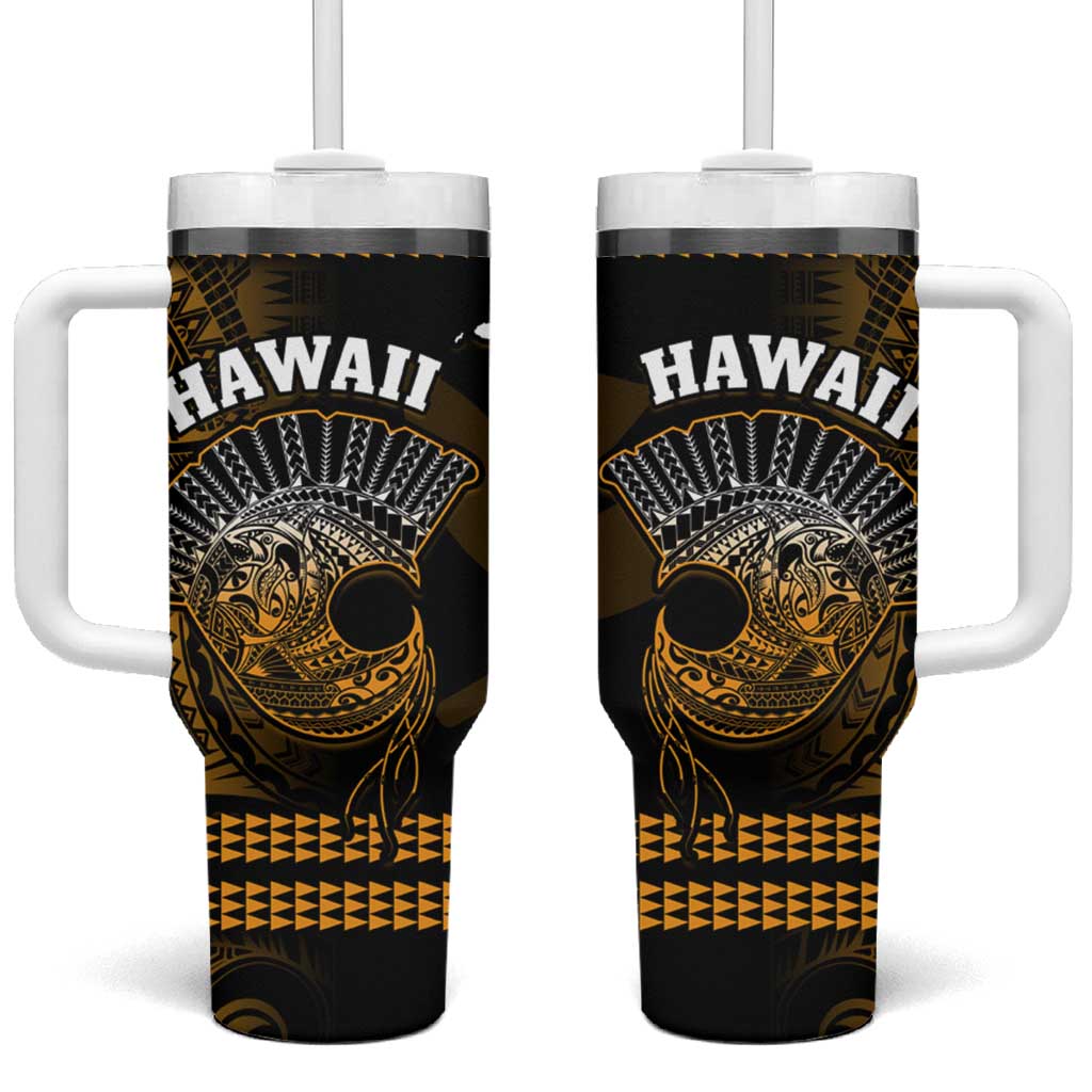 Hawaii Tumbler With Handle Kakau Warrior Helmet Gradient Gold Polynesian