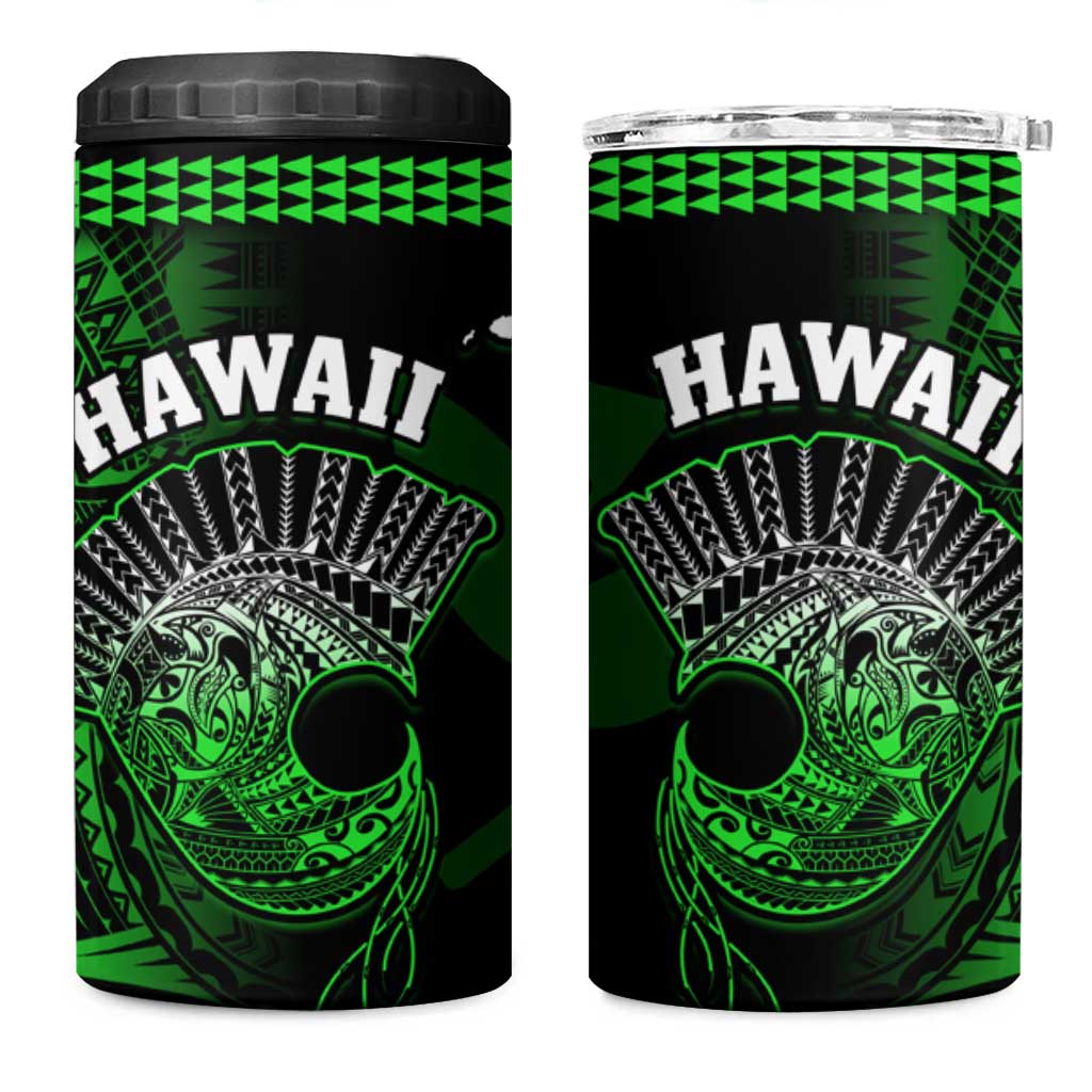 Hawaii 4 in 1 Can Cooler Tumbler Kakau Warrior Helmet Gradient Green Polynesian