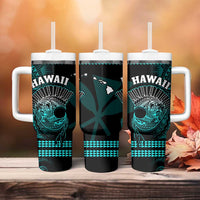 Hawaii Tumbler With Handle Kakau Warrior Helmet Gradient Turquoise Polynesian