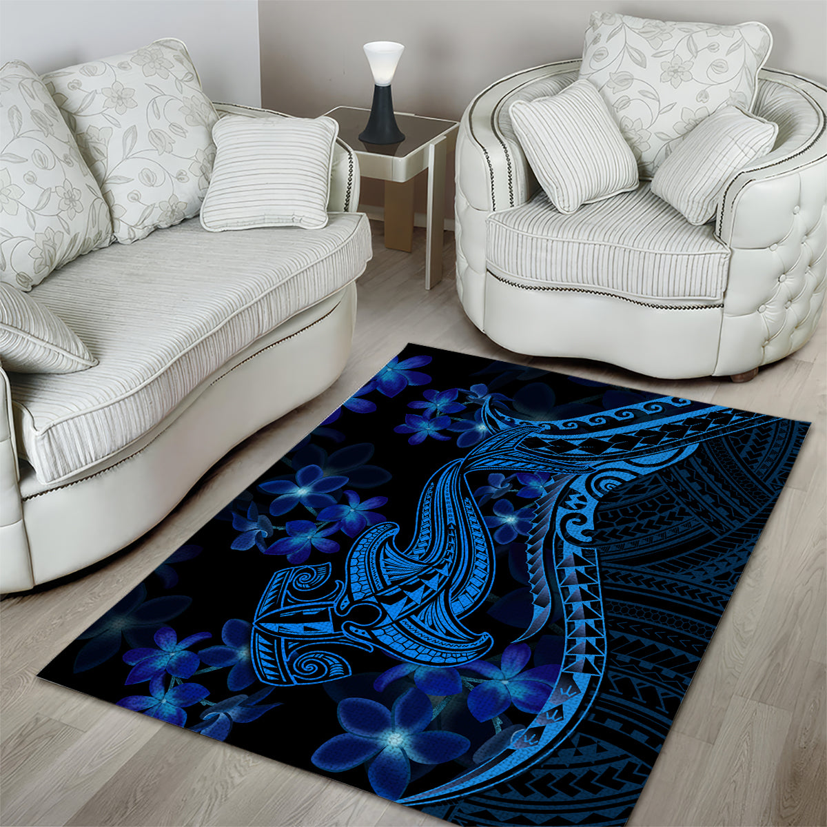 Blue Polynesia Shark Tattoo Area Rug With Polynesian Plumeria LT14 - Polynesian Pride