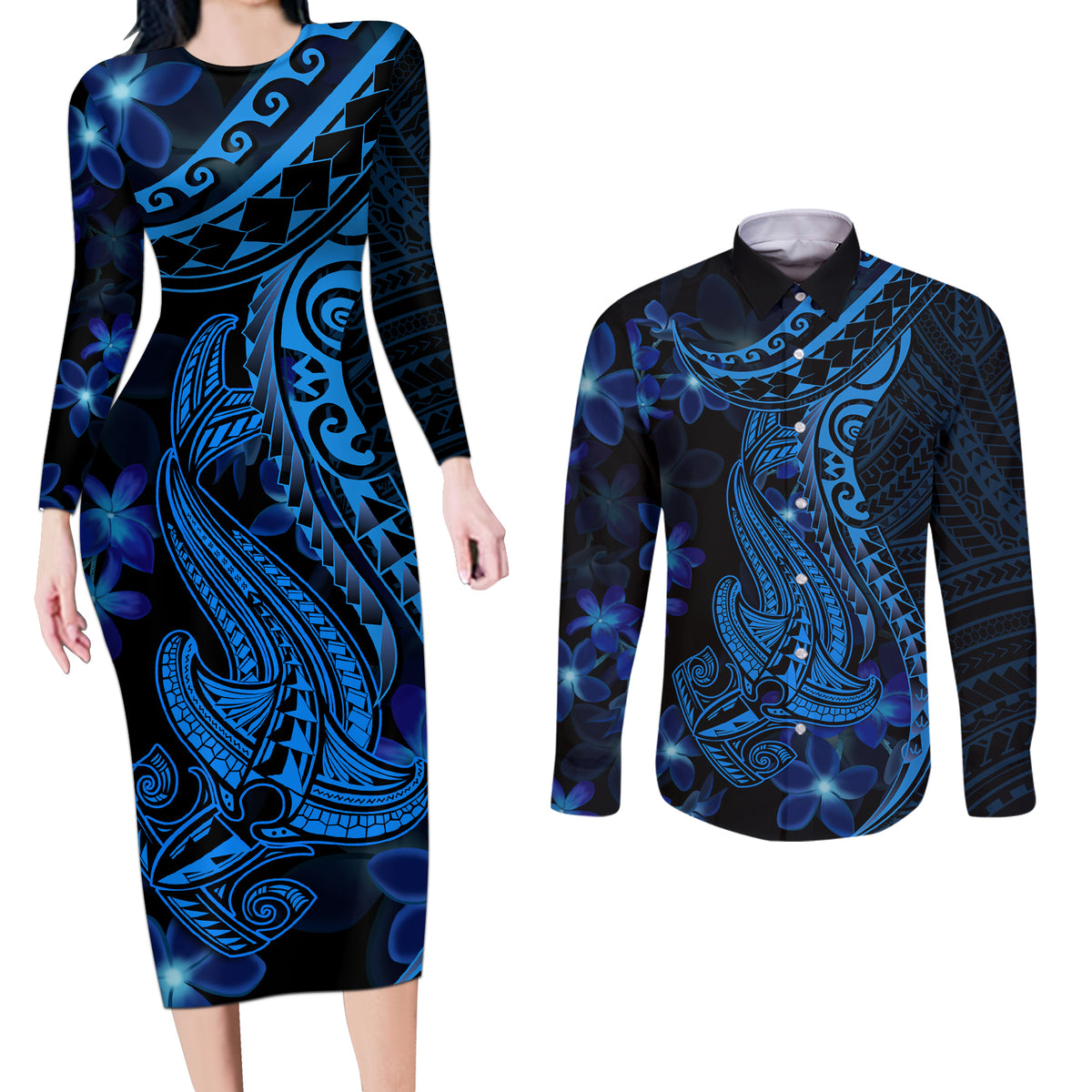 Blue Polynesia Shark Tattoo Couples Matching Long Sleeve Bodycon Dress and Long Sleeve Button Shirt With Polynesian Plumeria LT14 Blue - Polynesian Pride
