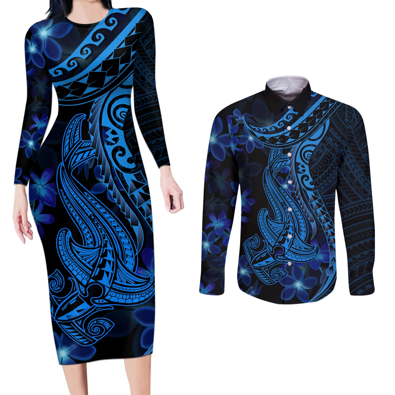 Blue Polynesia Shark Tattoo Couples Matching Long Sleeve Bodycon Dress and Long Sleeve Button Shirt With Polynesian Plumeria LT14 Blue - Polynesian Pride