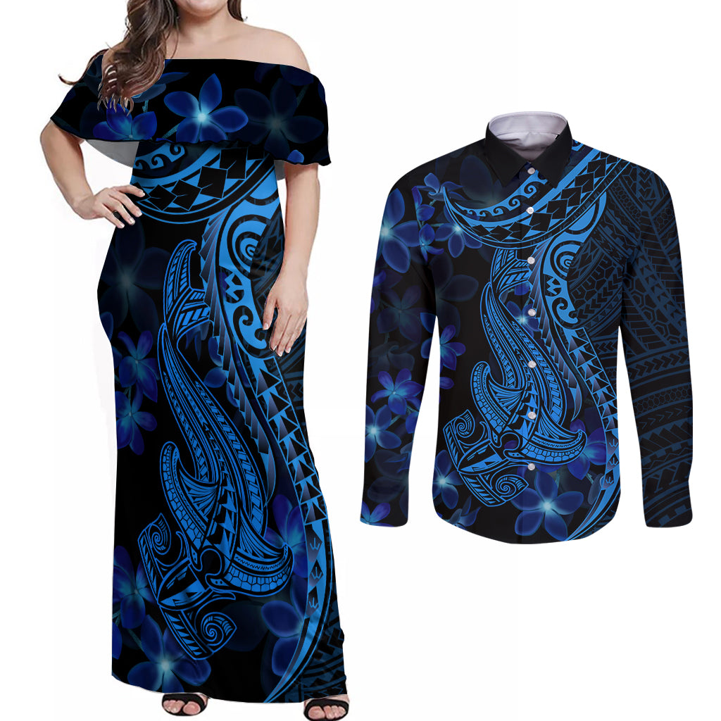 Blue Polynesia Shark Tattoo Couples Matching Off Shoulder Maxi Dress and Long Sleeve Button Shirt With Polynesian Plumeria LT14 Blue - Polynesian Pride
