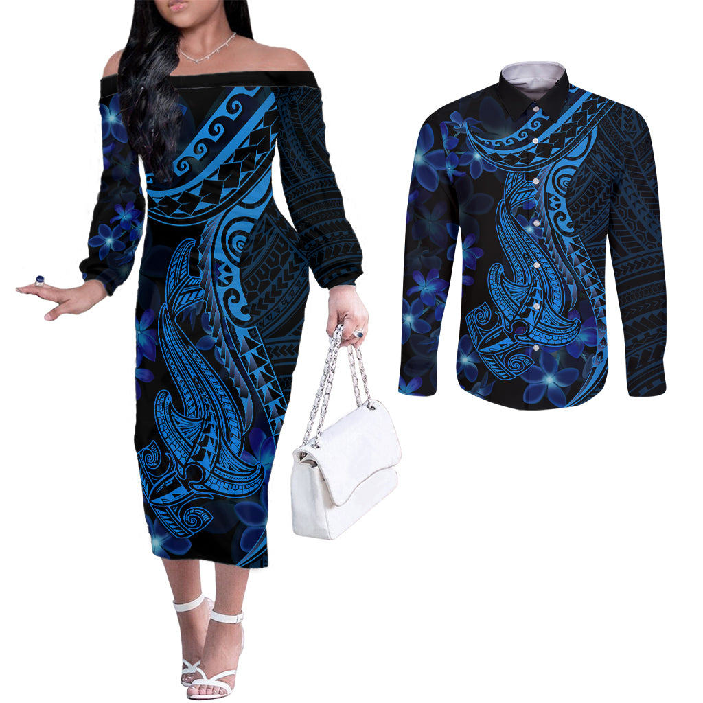 Blue Polynesia Shark Tattoo Couples Matching Off The Shoulder Long Sleeve Dress and Long Sleeve Button Shirt With Polynesian Plumeria LT14 Blue - Polynesian Pride
