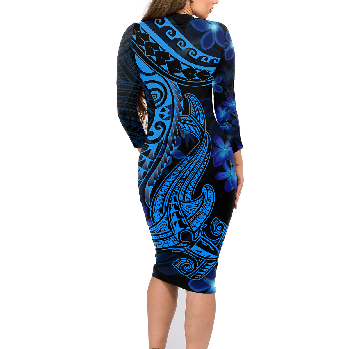 Blue Polynesia Shark Tattoo Family Matching Long Sleeve Bodycon Dress and Hawaiian Shirt With Polynesian Plumeria LT14 - Polynesian Pride