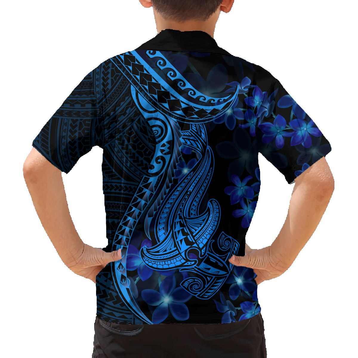 Blue Polynesia Shark Tattoo Family Matching Off Shoulder Long Sleeve Dress and Hawaiian Shirt With Polynesian Plumeria LT14 - Polynesian Pride