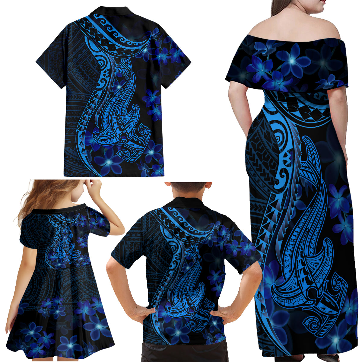 Blue Polynesia Shark Tattoo Family Matching Off Shoulder Maxi Dress and Hawaiian Shirt With Polynesian Plumeria LT14 - Polynesian Pride