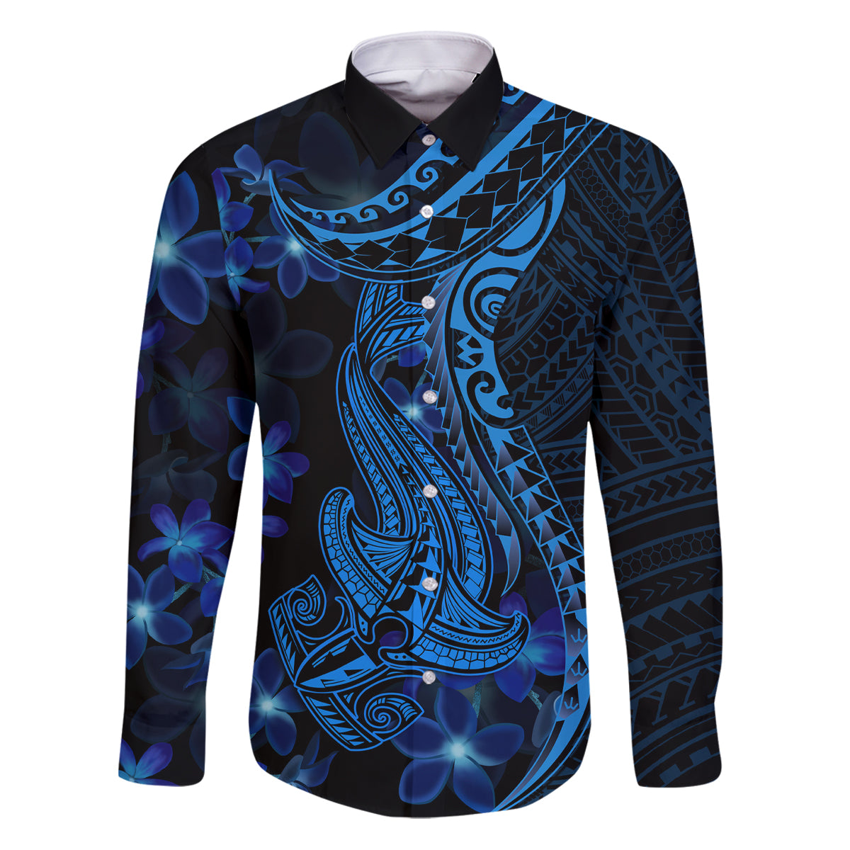Blue Polynesia Shark Tattoo Family Matching Puletasi Dress and Hawaiian Shirt With Polynesian Plumeria LT14 Dad's Shirt - Long Sleeve Blue - Polynesian Pride