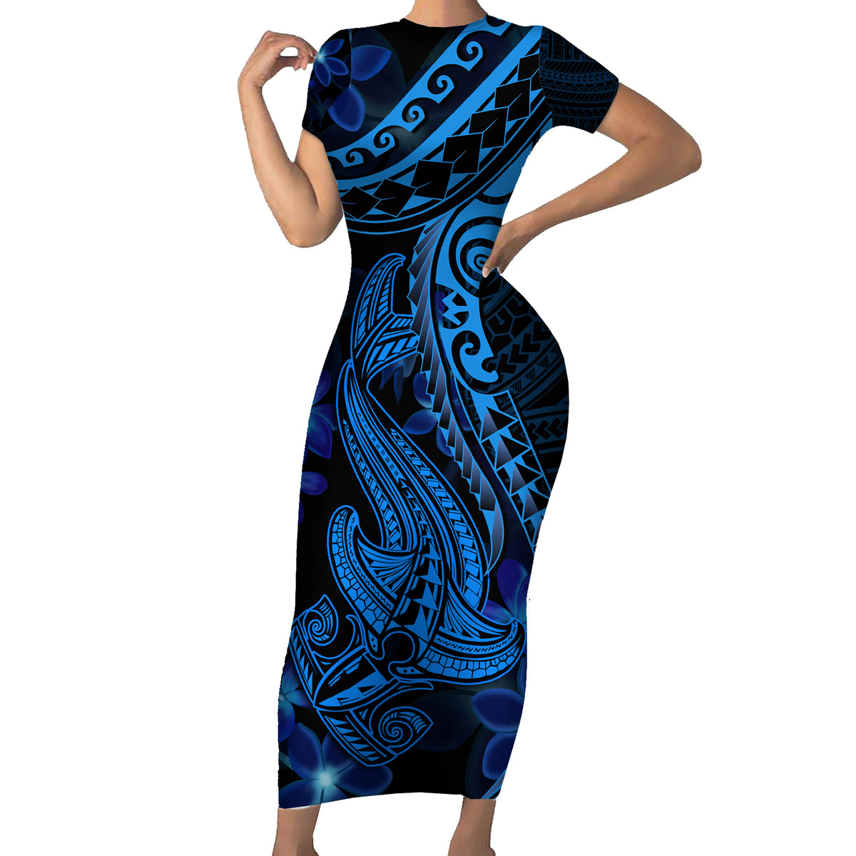 Blue Polynesia Shark Tattoo Family Matching Short Sleeve Bodycon Dress and Hawaiian Shirt With Polynesian Plumeria LT14 Mom's Dress Blue - Polynesian Pride