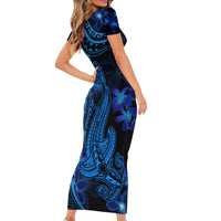 Blue Polynesia Shark Tattoo Family Matching Short Sleeve Bodycon Dress and Hawaiian Shirt With Polynesian Plumeria LT14 - Polynesian Pride
