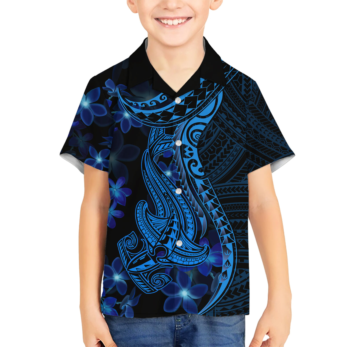 Blue Polynesia Shark Tattoo Family Matching Short Sleeve Bodycon Dress and Hawaiian Shirt With Polynesian Plumeria LT14 Son's Shirt Blue - Polynesian Pride
