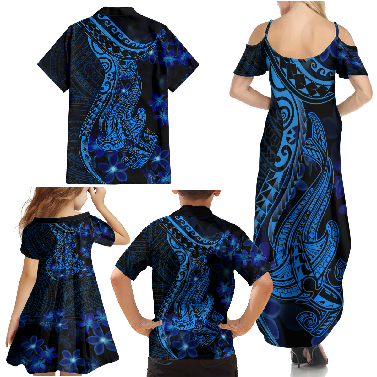 Blue Polynesia Shark Tattoo Family Matching Summer Maxi Dress and Hawaiian Shirt With Polynesian Plumeria LT14 - Polynesian Pride