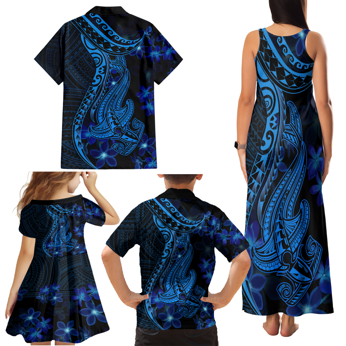 Blue Polynesia Shark Tattoo Family Matching Tank Maxi Dress and Hawaiian Shirt With Polynesian Plumeria LT14 - Polynesian Pride