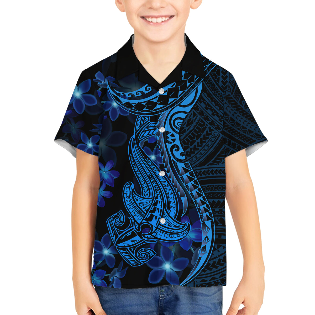 Blue Polynesia Shark Tattoo Family Matching Tank Maxi Dress and Hawaiian Shirt With Polynesian Plumeria LT14 Son's Shirt Blue - Polynesian Pride