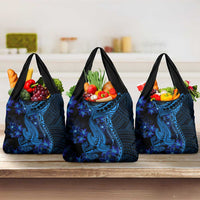Blue Polynesia Shark Tattoo Grocery Bag With Polynesian Plumeria