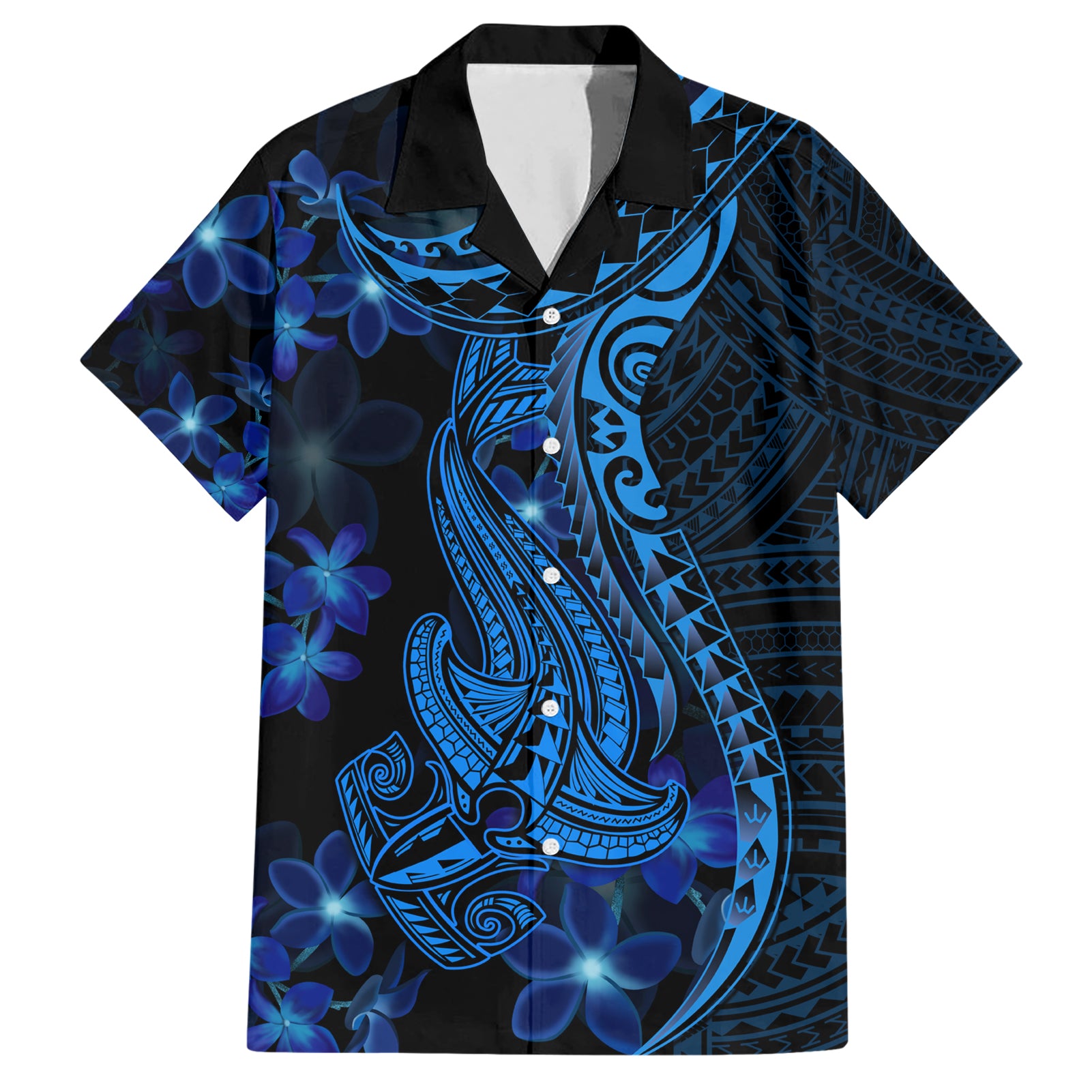 Blue Polynesia Shark Tattoo Hawaiian Shirt With Polynesian Plumeria LT14 Blue - Polynesian Pride