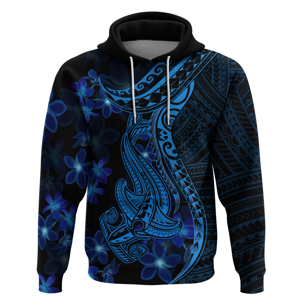 Blue Polynesia Shark Tattoo Hoodie With Polynesian Plumeria LT14 Pullover Hoodie Blue - Polynesian Pride