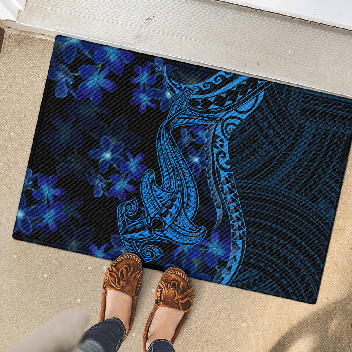 Blue Polynesia Shark Tattoo Rubber Doormat With Polynesian Plumeria LT14 - Polynesian Pride