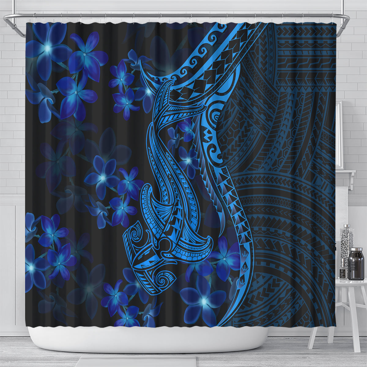 Blue Polynesia Shark Tattoo Shower Curtain With Polynesian Plumeria LT14 - Polynesian Pride