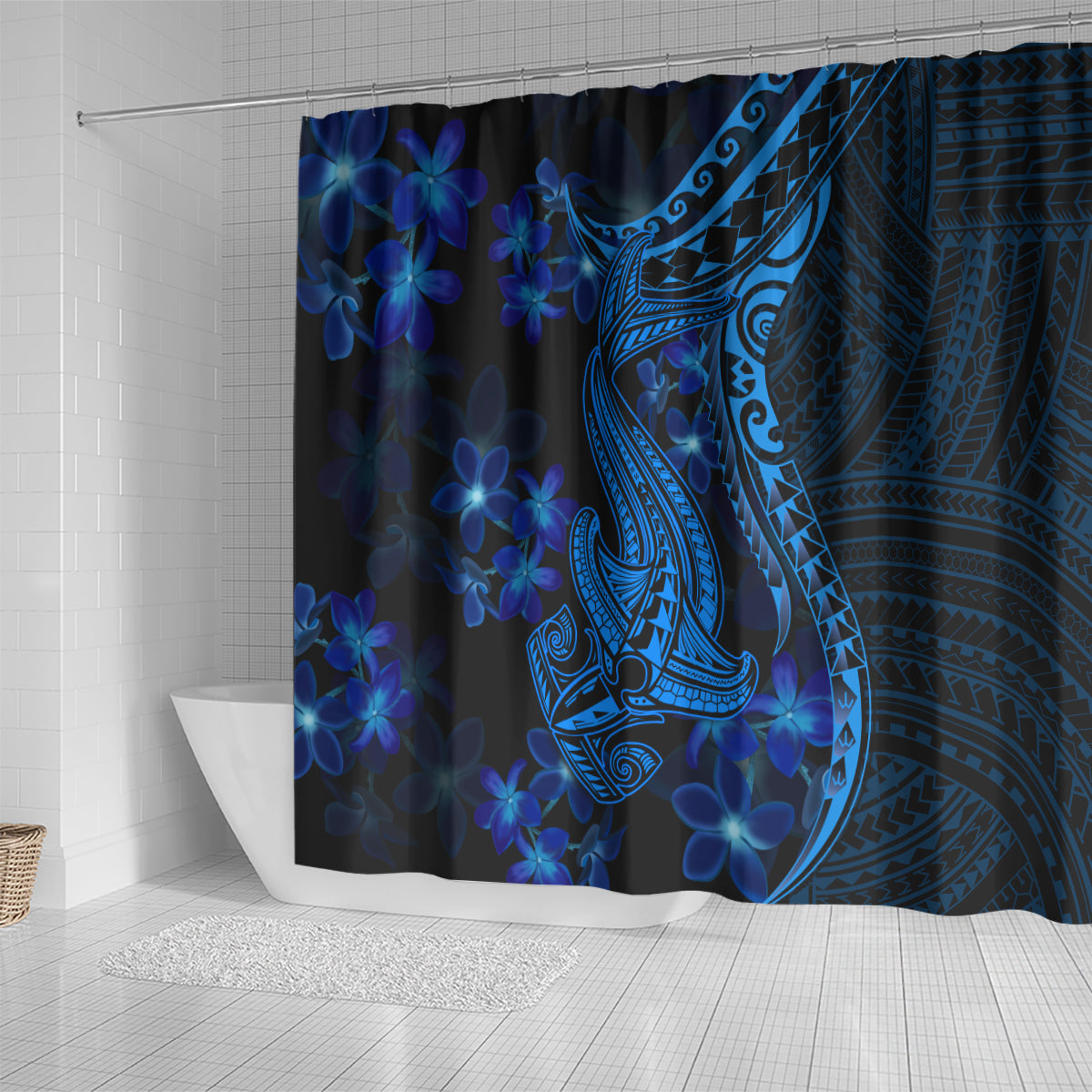 Blue Polynesia Shark Tattoo Shower Curtain With Polynesian Plumeria LT14 - Polynesian Pride