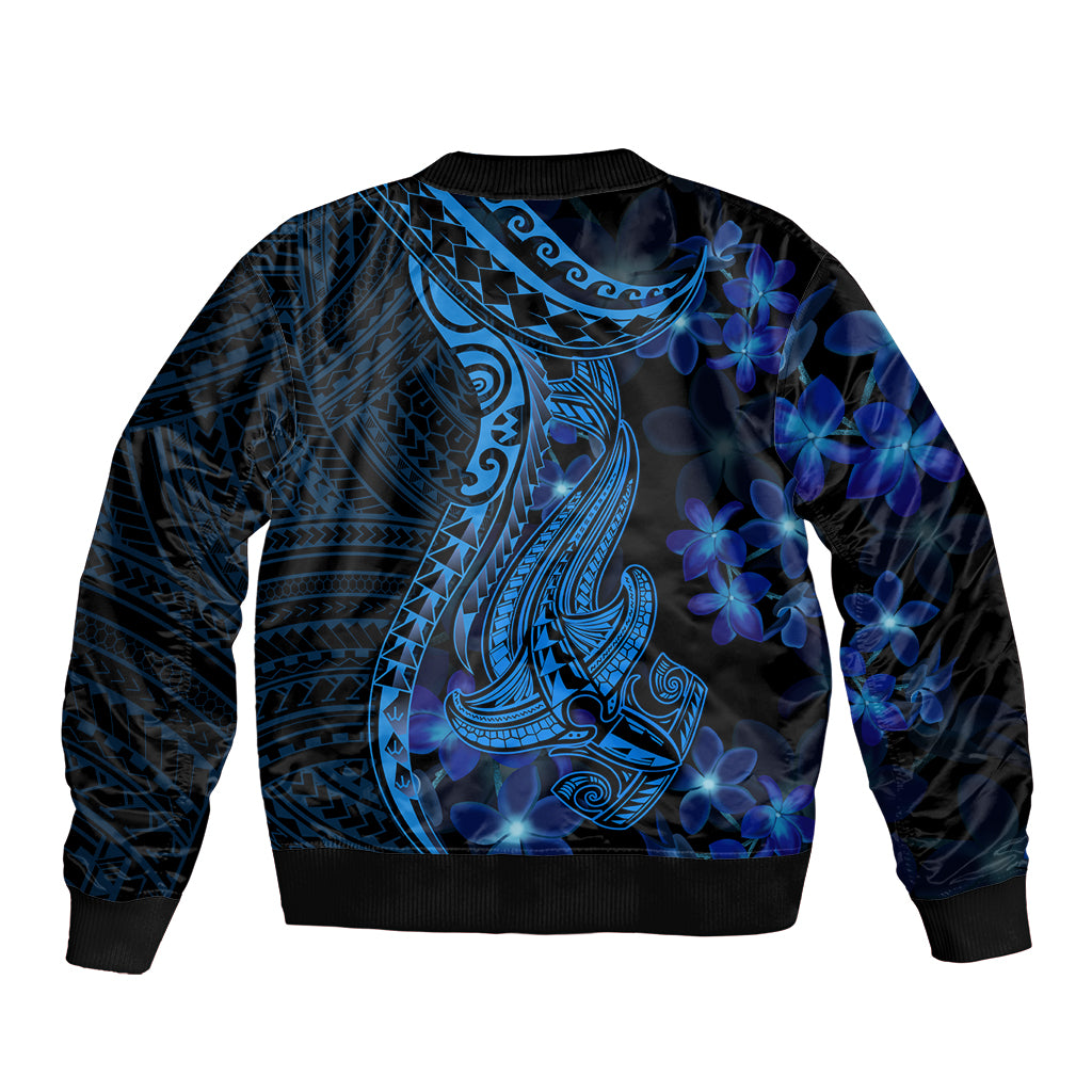 Blue Polynesia Shark Tattoo Sleeve Zip Bomber Jacket With Polynesian Plumeria LT14 - Polynesian Pride