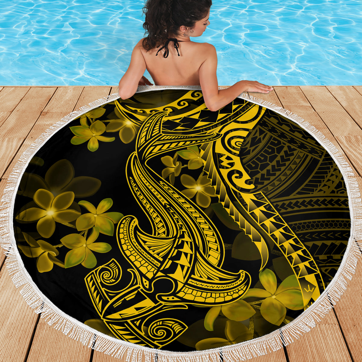 Gold Polynesia Shark Tattoo Beach Blanket With Polynesian Plumeria LT14 - Polynesian Pride