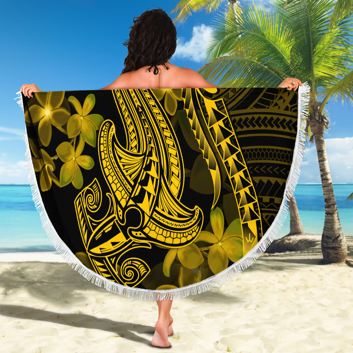 Gold Polynesia Shark Tattoo Beach Blanket With Polynesian Plumeria LT14 - Polynesian Pride