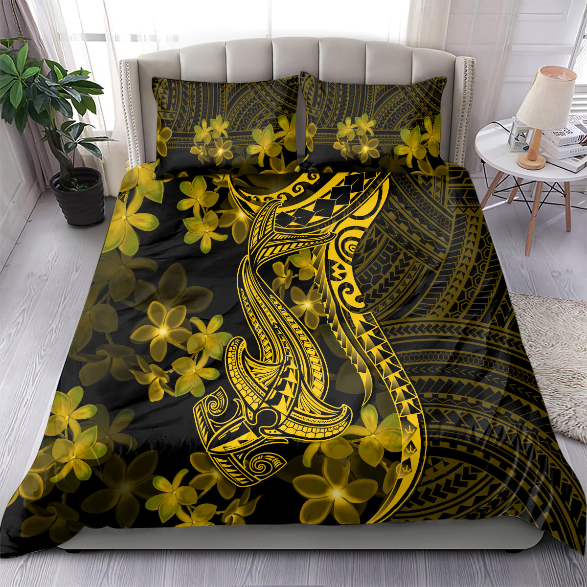 Gold Polynesia Shark Tattoo Bedding Set With Polynesian Plumeria LT14 - Polynesian Pride
