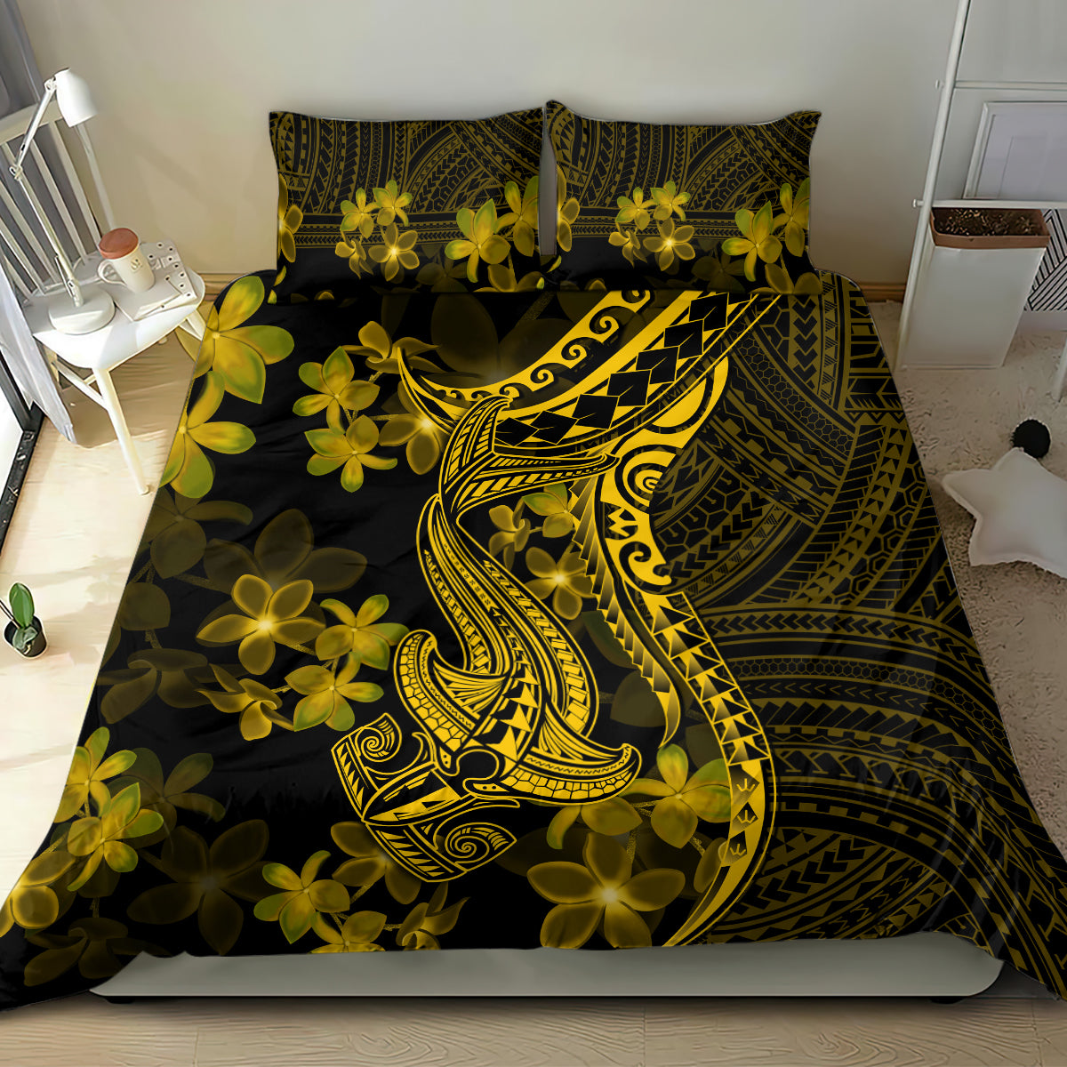 Gold Polynesia Shark Tattoo Bedding Set With Polynesian Plumeria LT14 - Polynesian Pride
