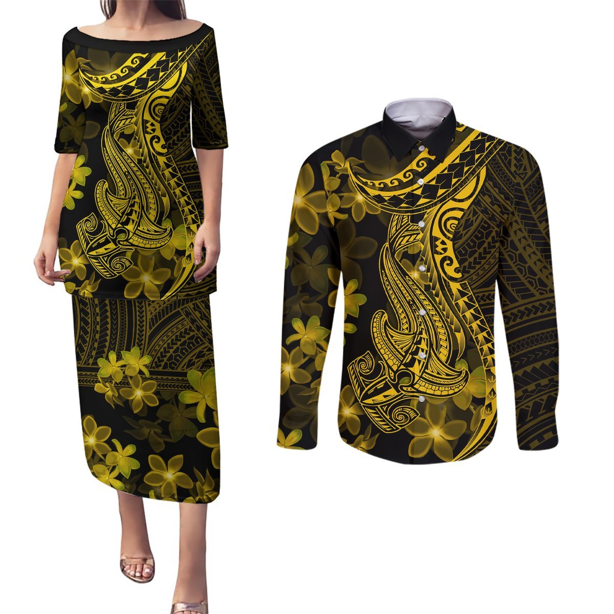 Gold Polynesia Shark Tattoo Couples Matching Puletasi Dress and Long Sleeve Button Shirt With Polynesian Plumeria LT14 Gold - Polynesian Pride
