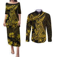 Gold Polynesia Shark Tattoo Couples Matching Puletasi Dress and Long Sleeve Button Shirt With Polynesian Plumeria LT14 Gold - Polynesian Pride