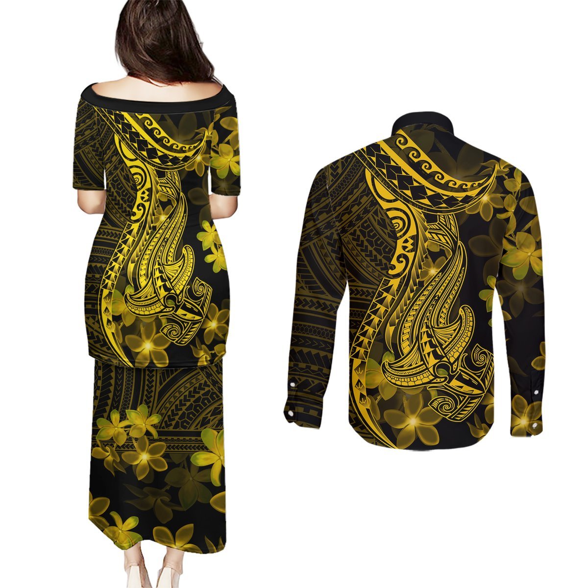 Gold Polynesia Shark Tattoo Couples Matching Puletasi Dress and Long Sleeve Button Shirt With Polynesian Plumeria LT14 - Polynesian Pride