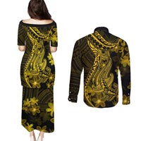 Gold Polynesia Shark Tattoo Couples Matching Puletasi Dress and Long Sleeve Button Shirt With Polynesian Plumeria LT14 - Polynesian Pride
