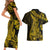 Gold Polynesia Shark Tattoo Couples Matching Short Sleeve Bodycon Dress and Hawaiian Shirt With Polynesian Plumeria LT14 - Polynesian Pride