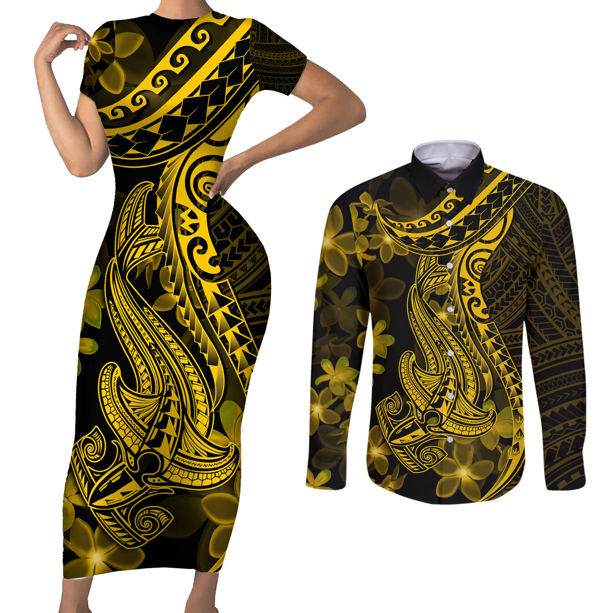 Gold Polynesia Shark Tattoo Couples Matching Short Sleeve Bodycon Dress and Long Sleeve Button Shirt With Polynesian Plumeria LT14 Gold - Polynesian Pride
