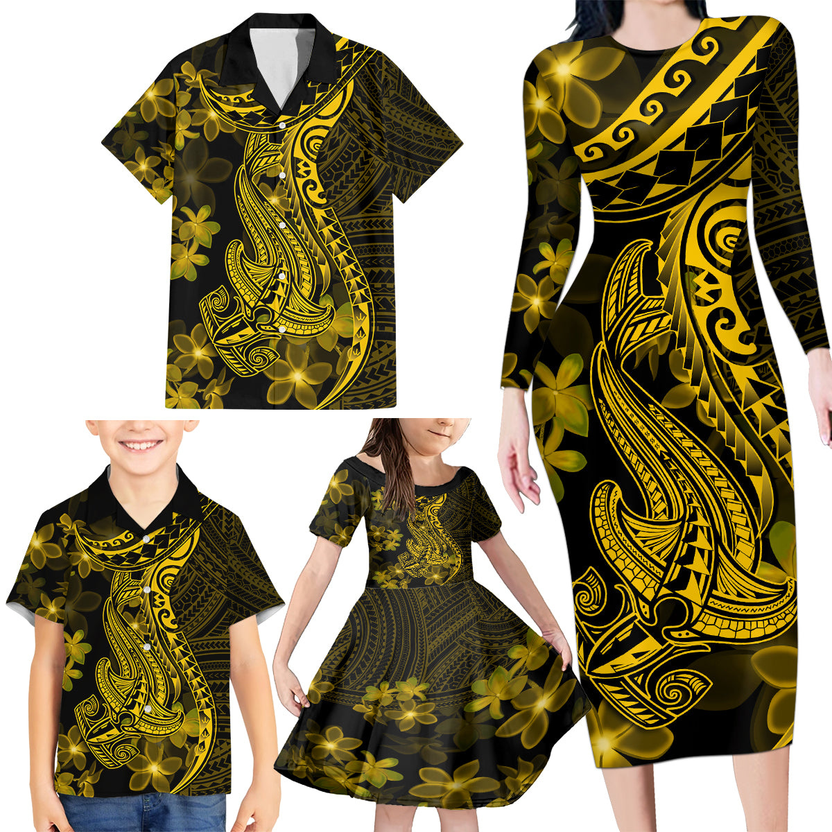 Gold Polynesia Shark Tattoo Family Matching Long Sleeve Bodycon Dress and Hawaiian Shirt With Polynesian Plumeria LT14 - Polynesian Pride