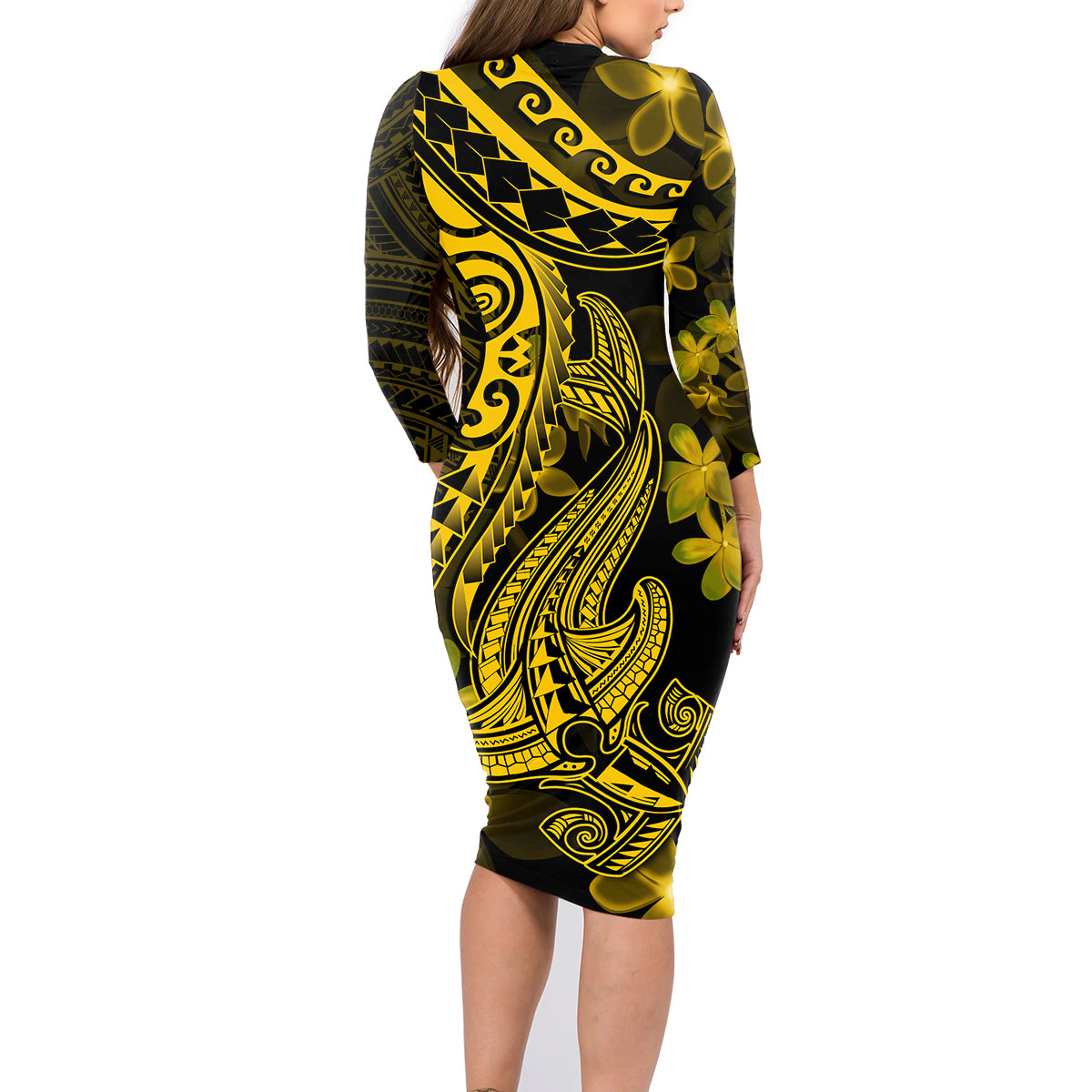 Gold Polynesia Shark Tattoo Family Matching Long Sleeve Bodycon Dress and Hawaiian Shirt With Polynesian Plumeria LT14 - Polynesian Pride