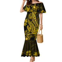 Gold Polynesia Shark Tattoo Family Matching Mermaid Dress and Hawaiian Shirt With Polynesian Plumeria LT14 Mom's Dress Gold - Polynesian Pride