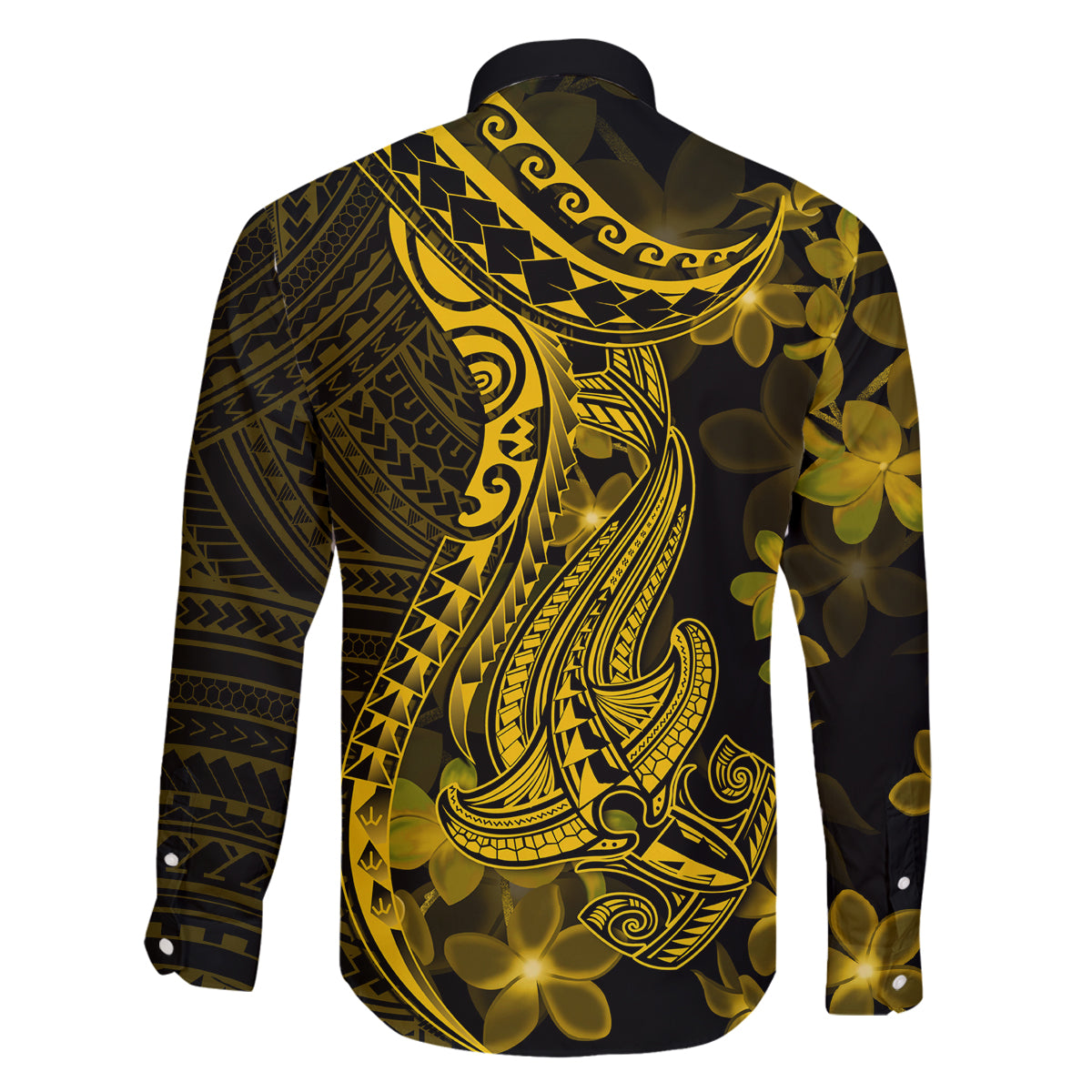 Gold Polynesia Shark Tattoo Family Matching Off Shoulder Maxi Dress and Hawaiian Shirt With Polynesian Plumeria LT14 - Polynesian Pride