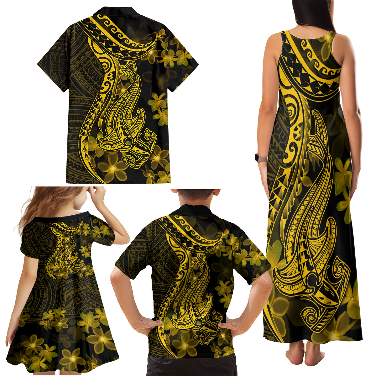 Gold Polynesia Shark Tattoo Family Matching Tank Maxi Dress and Hawaiian Shirt With Polynesian Plumeria LT14 - Polynesian Pride