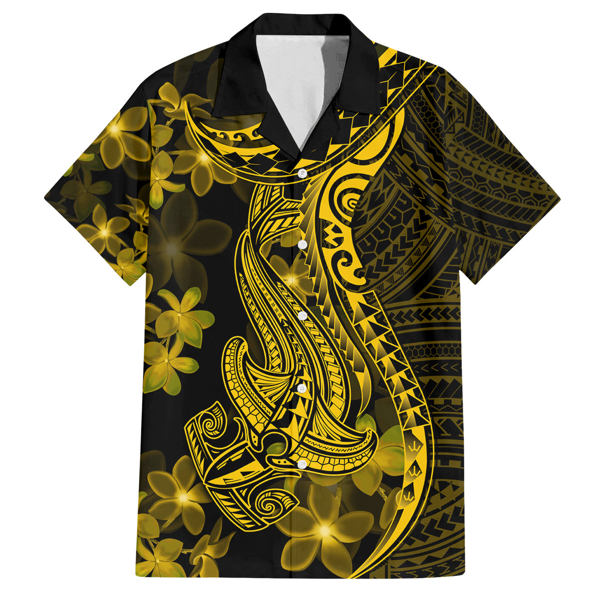Gold Polynesia Shark Tattoo Family Matching Tank Maxi Dress and Hawaiian Shirt With Polynesian Plumeria LT14 Dad's Shirt - Short Sleeve Gold - Polynesian Pride
