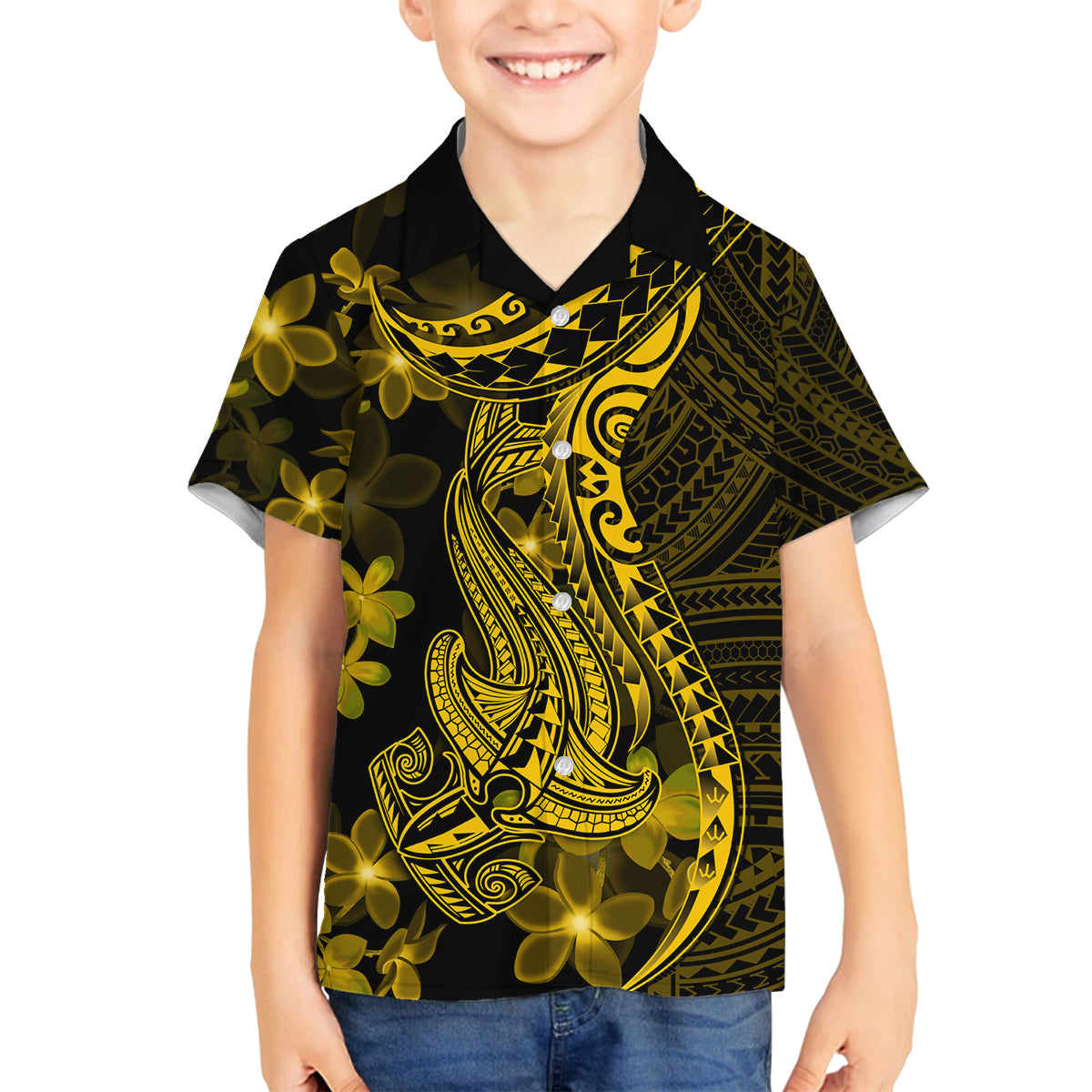 Gold Polynesia Shark Tattoo Family Matching Tank Maxi Dress and Hawaiian Shirt With Polynesian Plumeria LT14 Son's Shirt Gold - Polynesian Pride