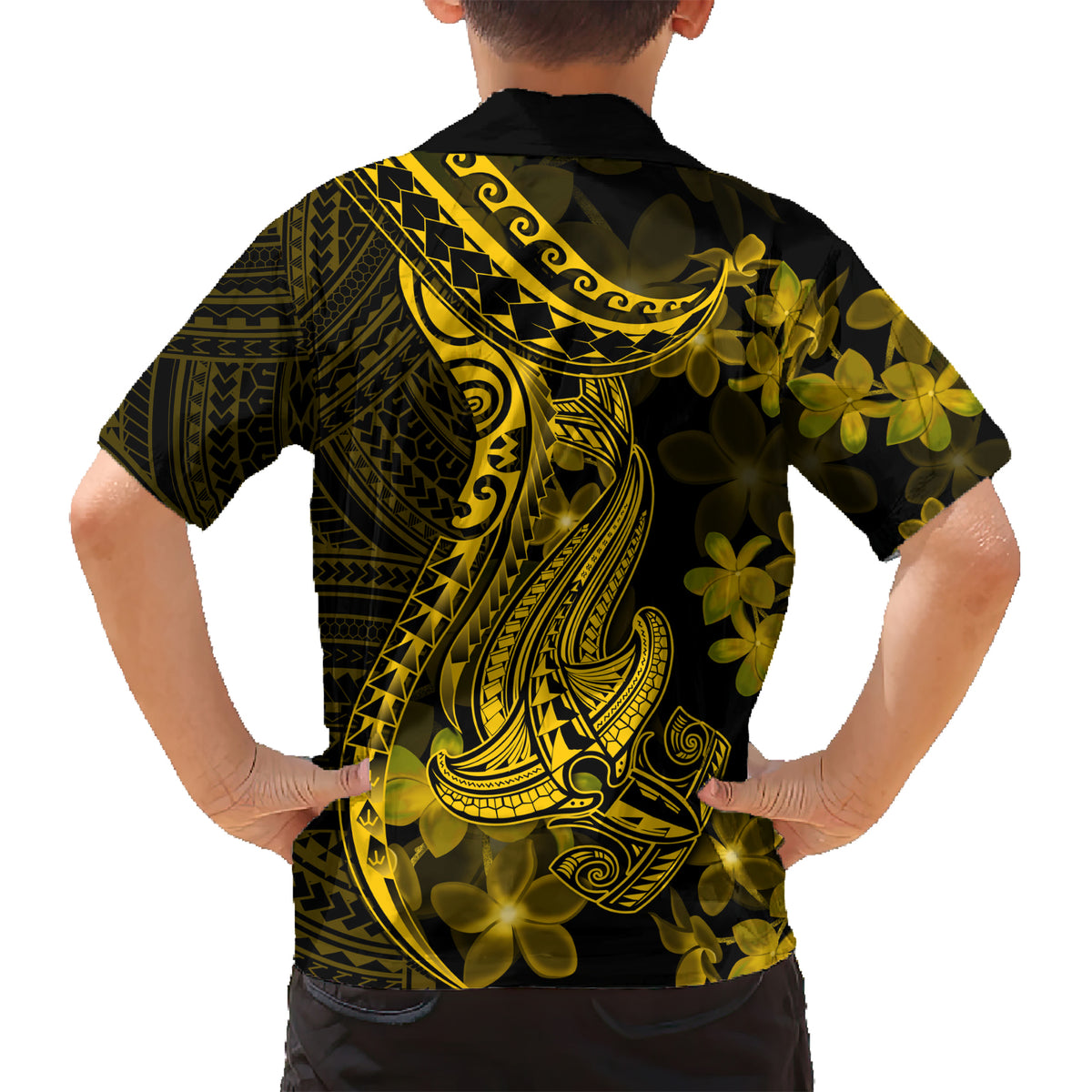 Gold Polynesia Shark Tattoo Kid Hawaiian Shirt With Polynesian Plumeria LT14 - Polynesian Pride