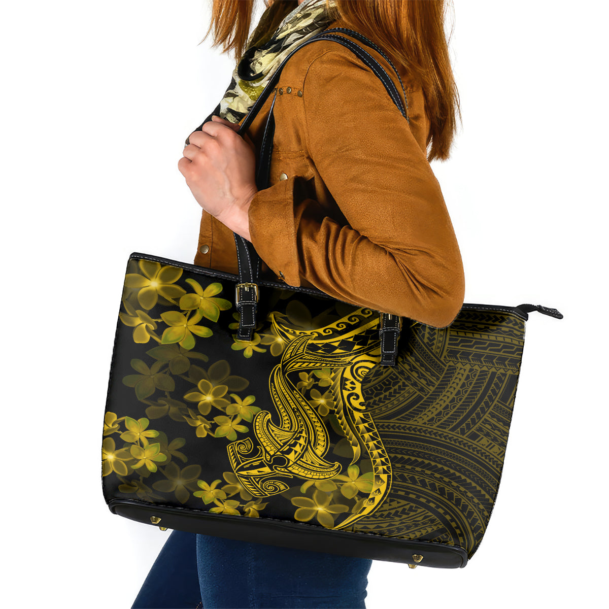 Gold Polynesia Shark Tattoo Leather Tote Bag With Polynesian Plumeria LT14 Gold - Polynesian Pride