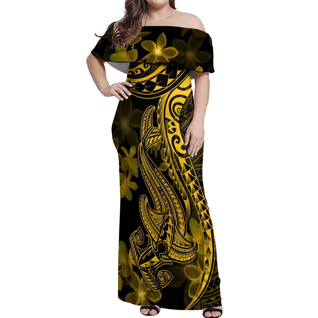 Gold Polynesia Shark Tattoo Off Shoulder Maxi Dress With Polynesian Plumeria LT14 Women Gold - Polynesian Pride