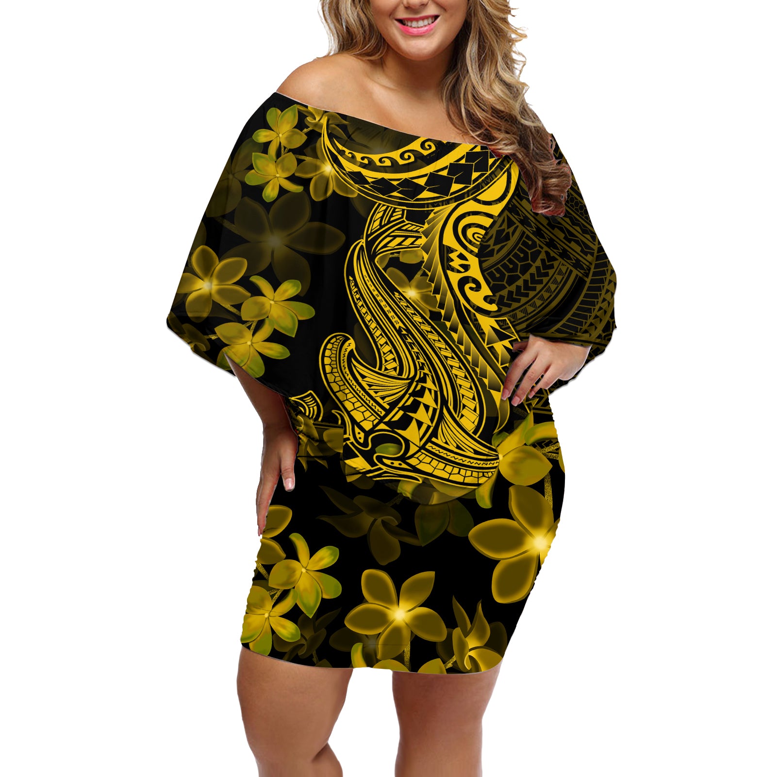 Gold Polynesia Shark Tattoo Off Shoulder Short Dress With Polynesian Plumeria LT14 Women Gold - Polynesian Pride