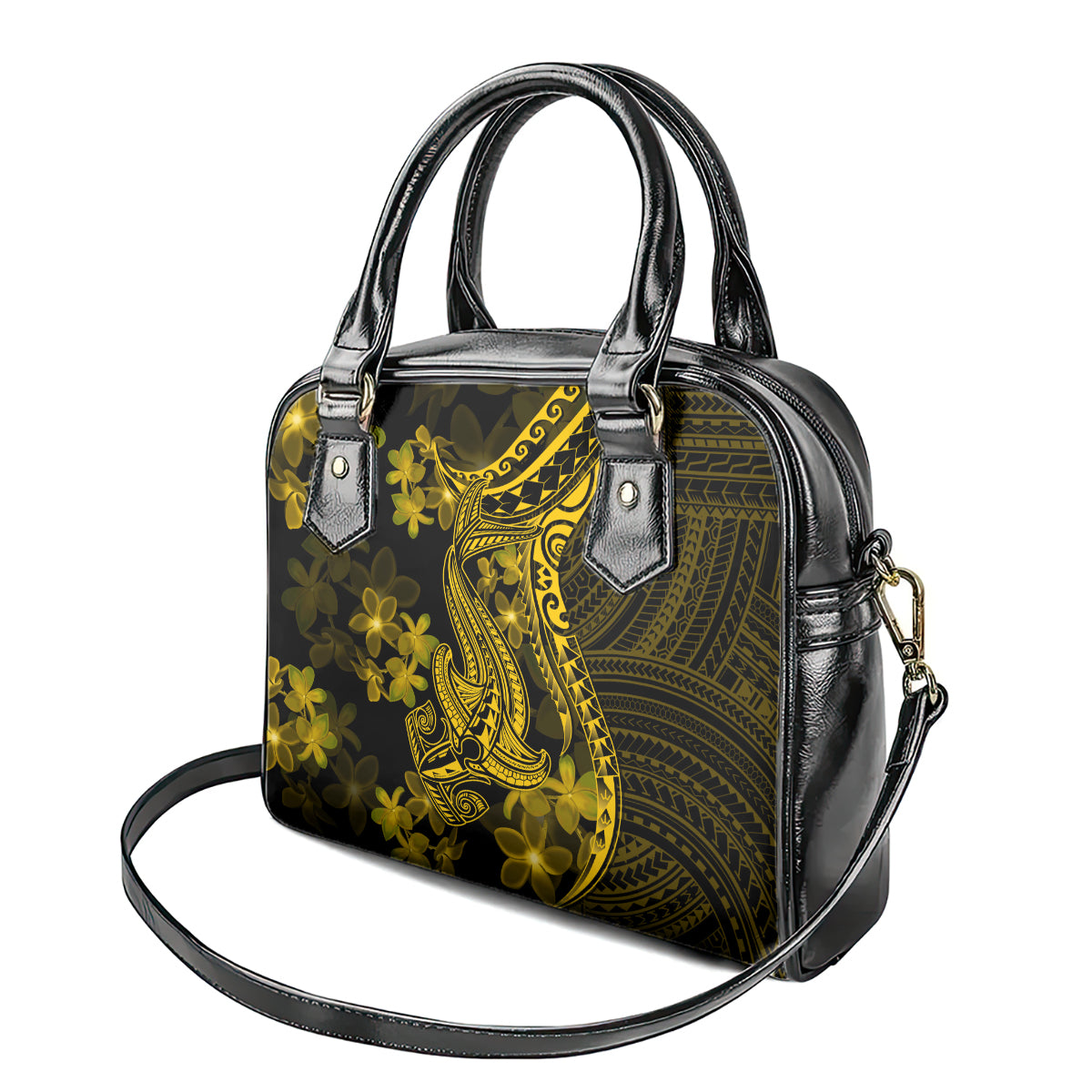 Gold Polynesia Shark Tattoo Shoulder Handbag With Polynesian Plumeria LT14 - Polynesian Pride