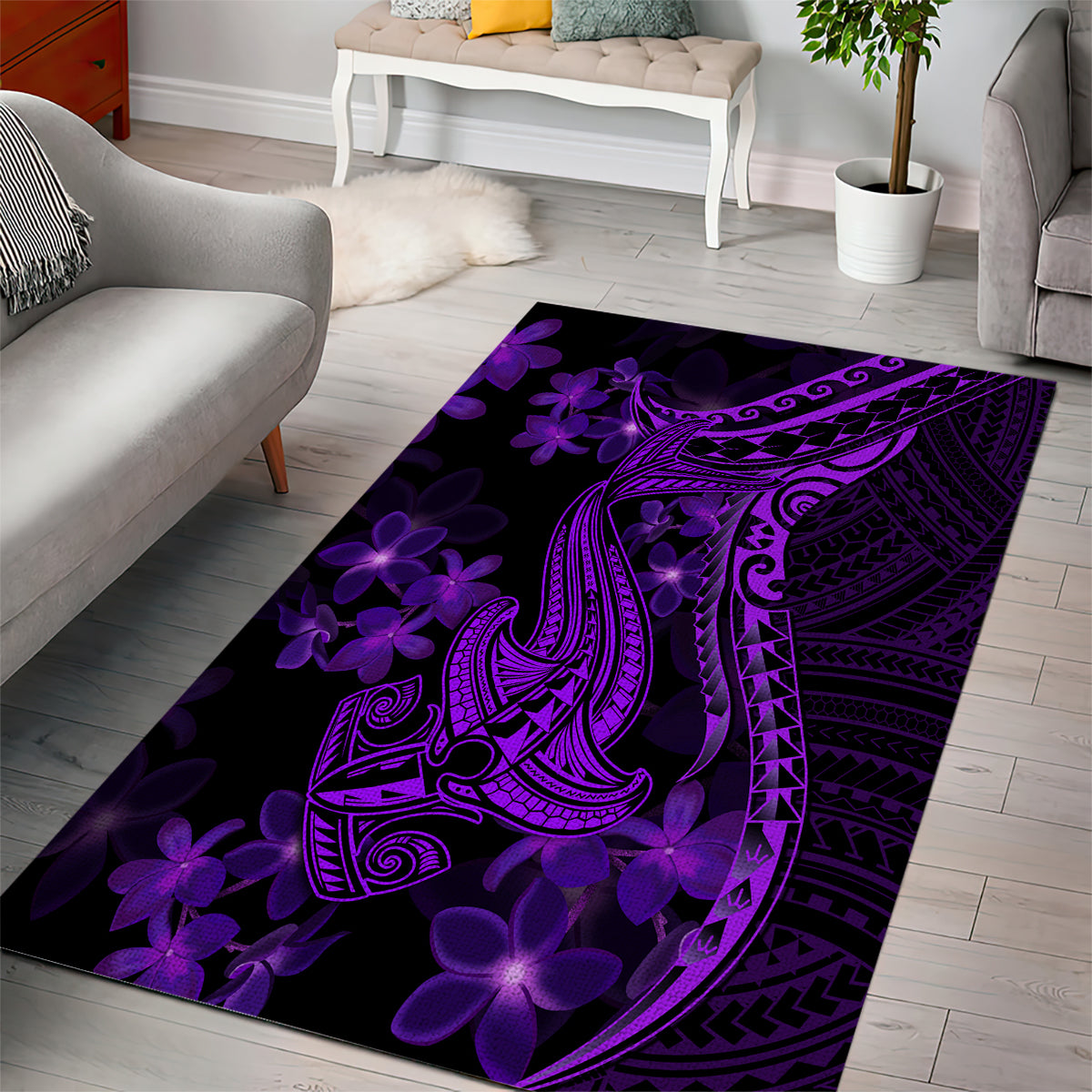Purple Polynesia Shark Tattoo Area Rug With Polynesian Plumeria LT14 - Polynesian Pride