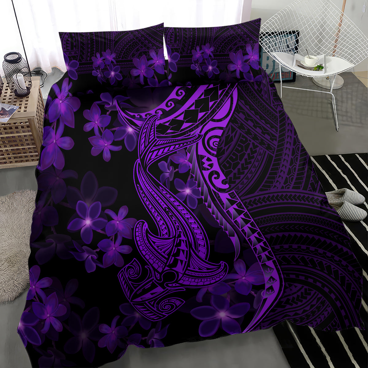 Purple Polynesia Shark Tattoo Bedding Set With Polynesian Plumeria LT14 - Polynesian Pride