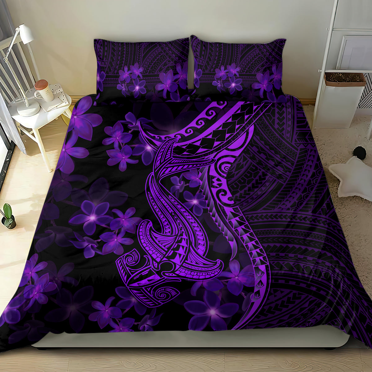 Purple Polynesia Shark Tattoo Bedding Set With Polynesian Plumeria LT14 - Polynesian Pride